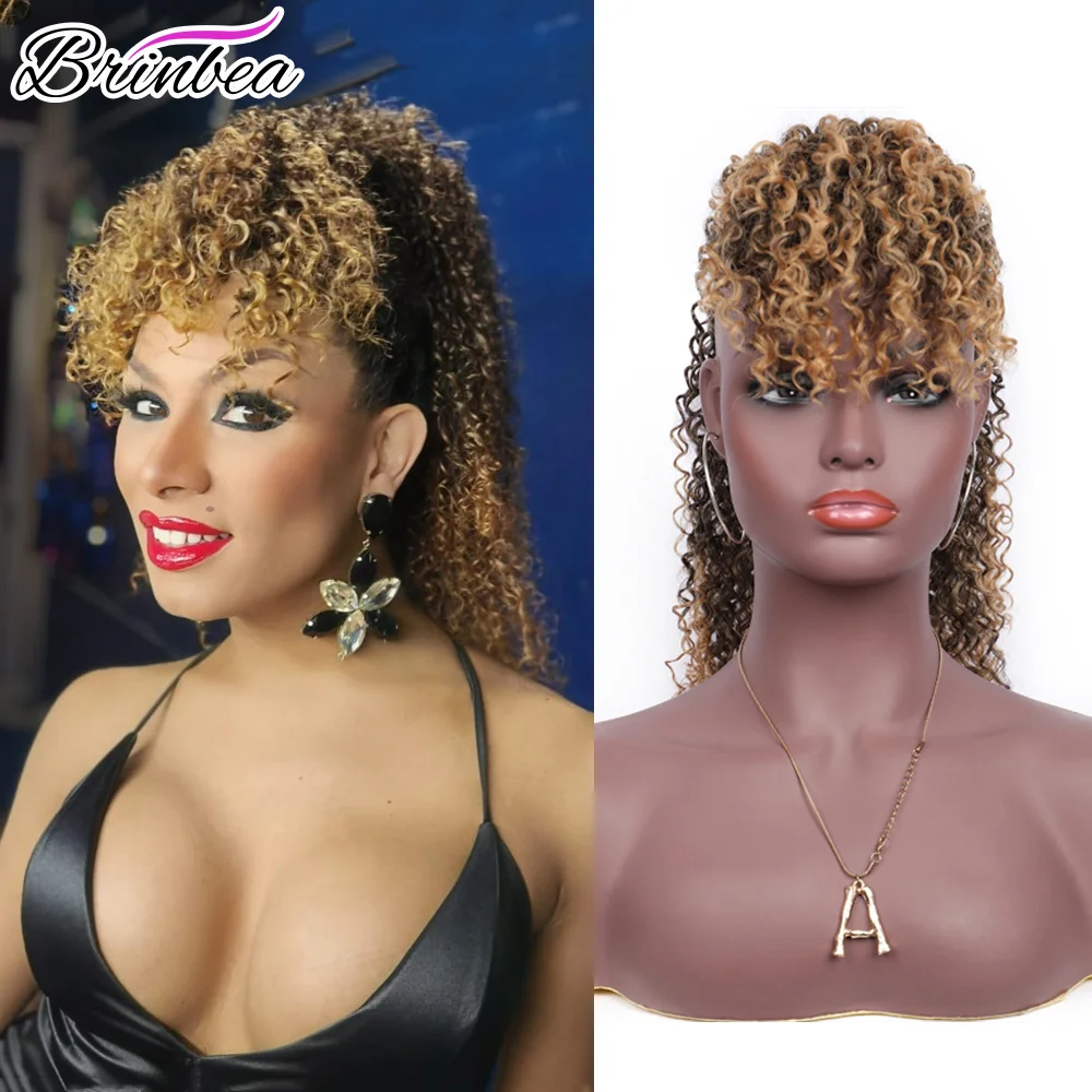 

Brinbea 18' Kinky Curly Drawstring Ponytail Clip with Curly Bangs Synthetic Pieces Clip in Ponytail Extension for Women