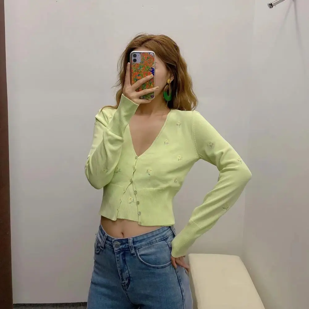 

2021 Spring new women's Embroidery Green Cropped knit cardigan Casual two pieces set fashion streetwear sexy female crop tops