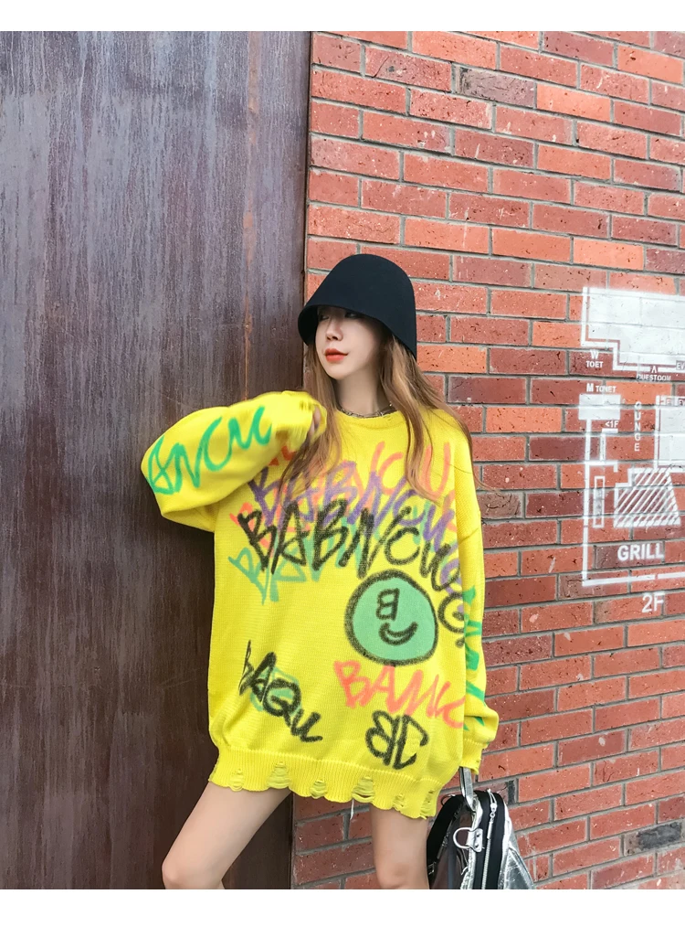 YOKO свитер женский Осень Зима Новая мода свободная Корейская версия ручная роспись граффити ленивый стиль свитер размера плюс платье