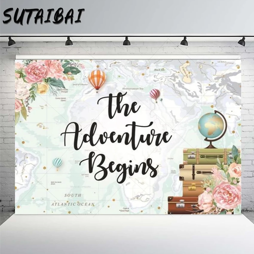 

The Adventure Begins Theme Background World Travel Flowers Spring Old Map Globe Hot Air Balloon Suitcase Backdrop Photobooth