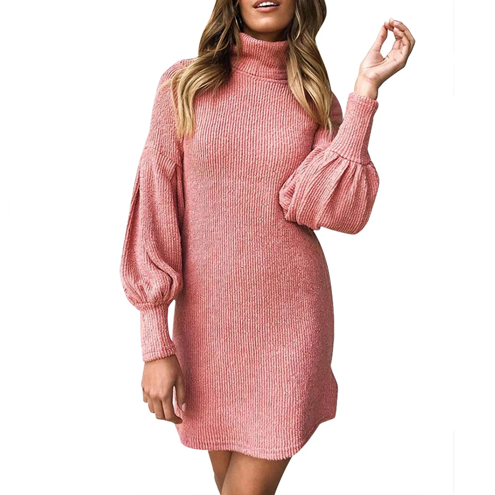 Новинка весна осень водолазка рукав фонарик платье для женщин трикотажное нить