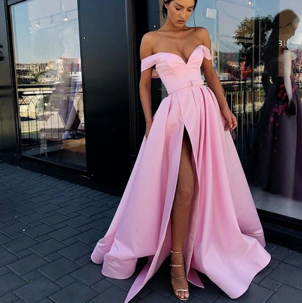 

Pink Sexy Split A-Line Formal Party Long Evening Dresses 2020 New Pink Elegant Women Off The Shoulder Prom Gowns abendkleider