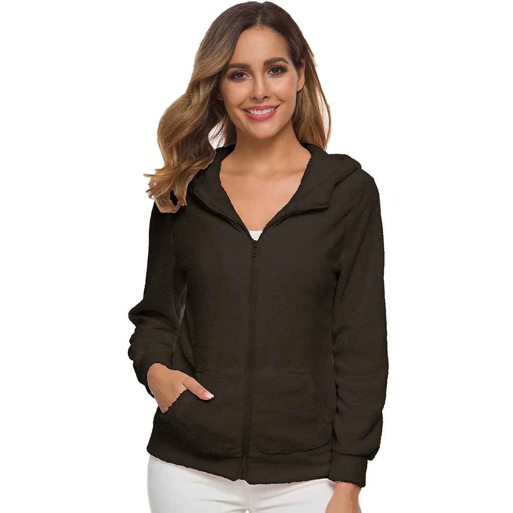 Женское осеннее и зимнее пальто на молнии с карманами капюшоном плюшевое меховым