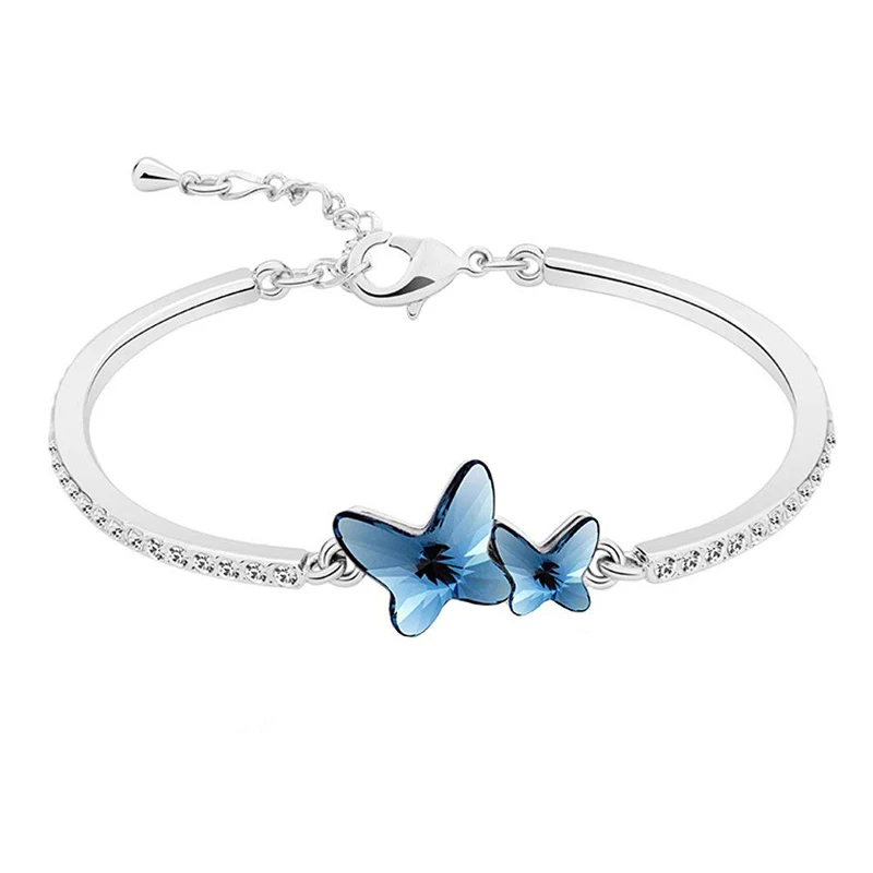 

COCOM Double Blue Butterfly Bangles with Crystals from Austria Charm Bracelet Adjustable for Women Cute Jewelry Birthday Gift