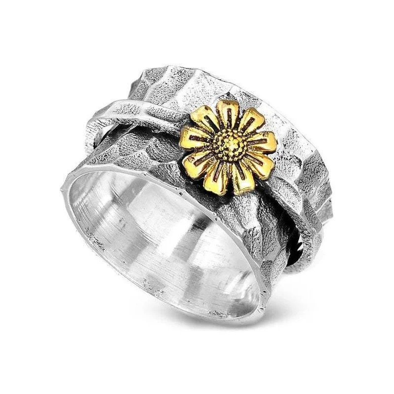 New European and American independent station daisy color separation flower ring creative rotatable carving chrysanthemum ring