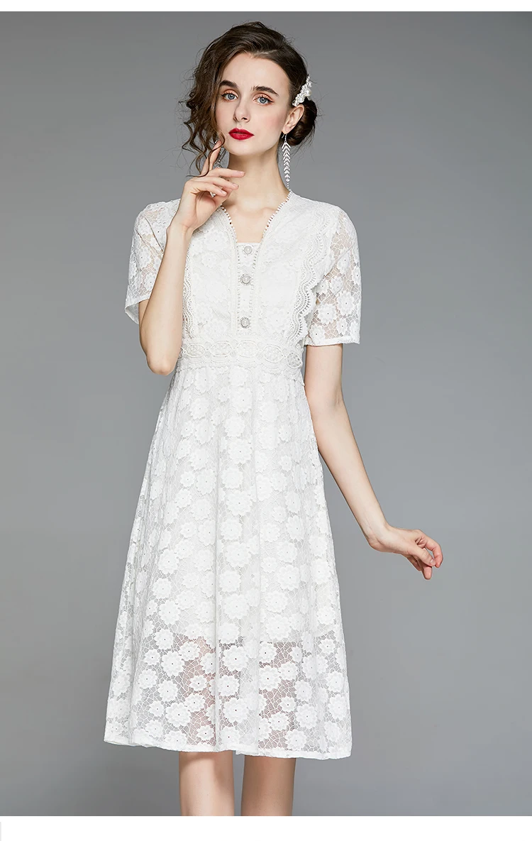 

2021 Summer New Vintage Hollow Out Solid Lady Casual V-Neck Short Women's Clothing Sleeve High Waist Lace High Waist Dress