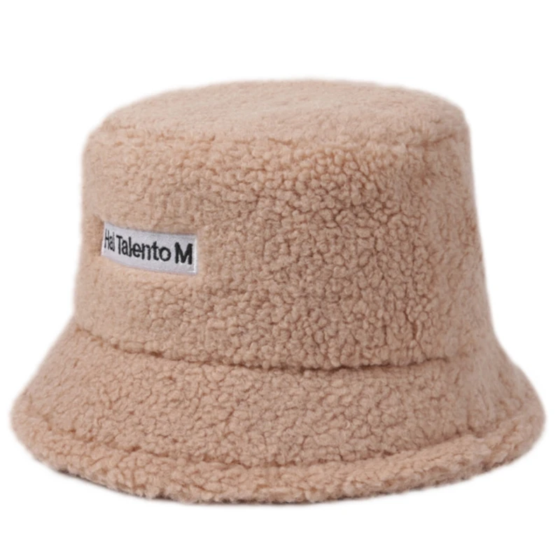 

Women Winter Warm Faux Fleece Bucket Hat Letters Label Solid Color Fisherman Cap 50PF