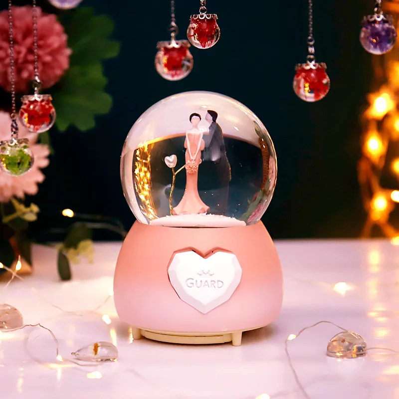 

Crystal Ball Cute LED Lamp Spin Music Box Wedding couple snowflake Christmas birthday Gift Home Decoration Accessories Ornaments