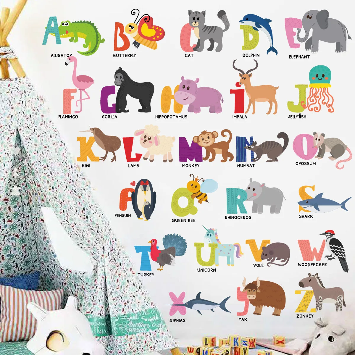 

26 Animal Letters Wall Stickers Kids Bedroom Boy Girl Room Decor Self-adhesive Kindergarten Early Education Cartoon Wallstickers