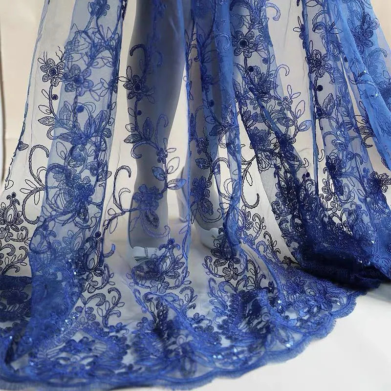 

Royal Blue Mesh Wedding Dress Fabric Embroidery Sequin Lace Fabric Designer Fabric