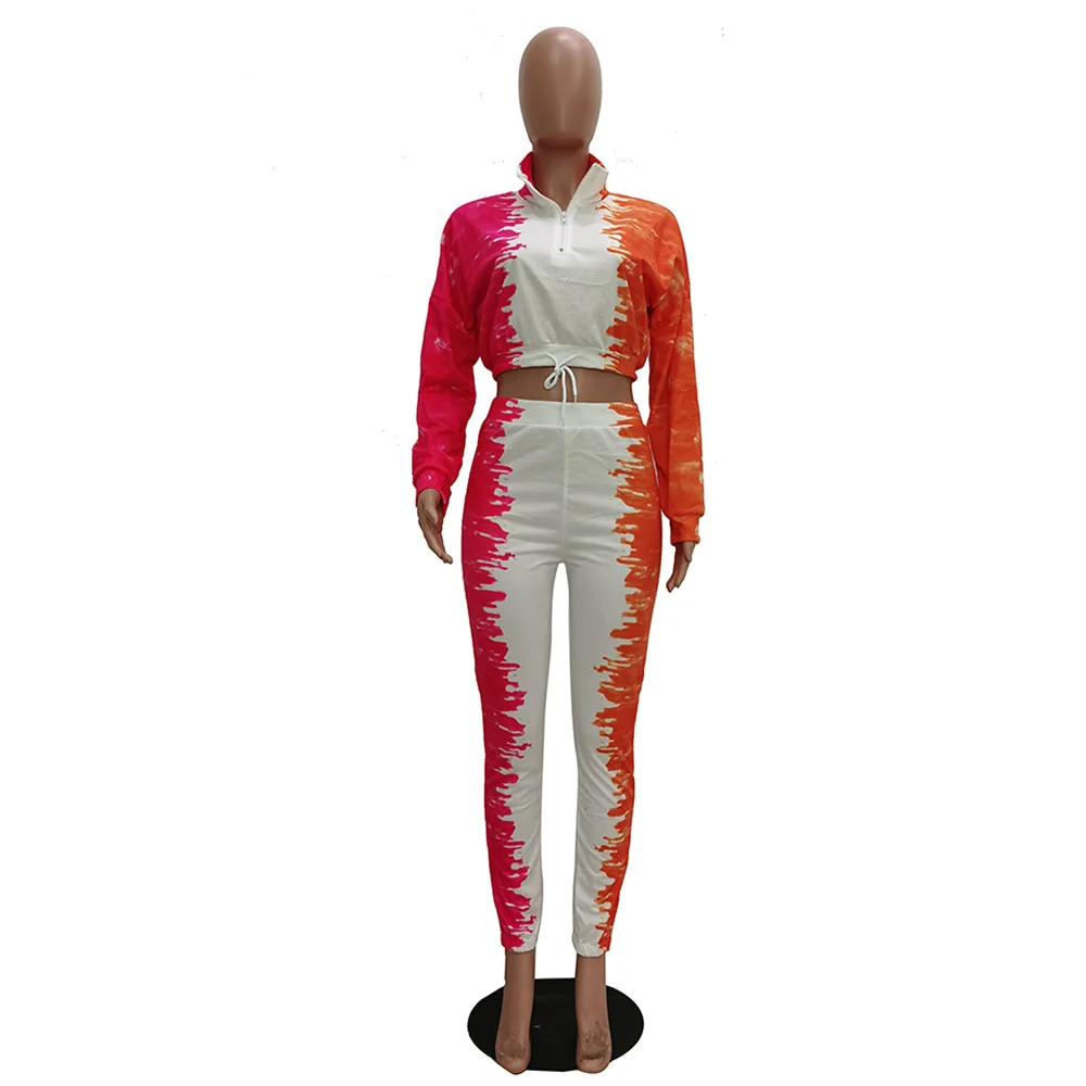 

Stand Collar Color Block Patchwork Two Piece Set Fitness Sportswear Long Sleeve Crop Top + Pants Drawstring Tracksuit Women