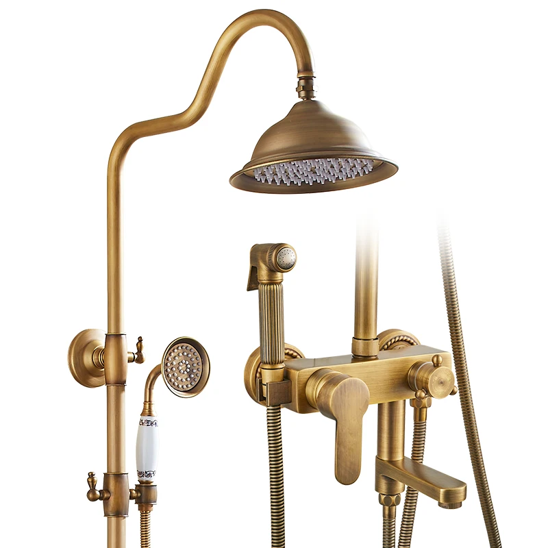 brass antique bathroom shower faucet set wall mount dual handle with handshower brass bathroom shower mixer tap free global shipping