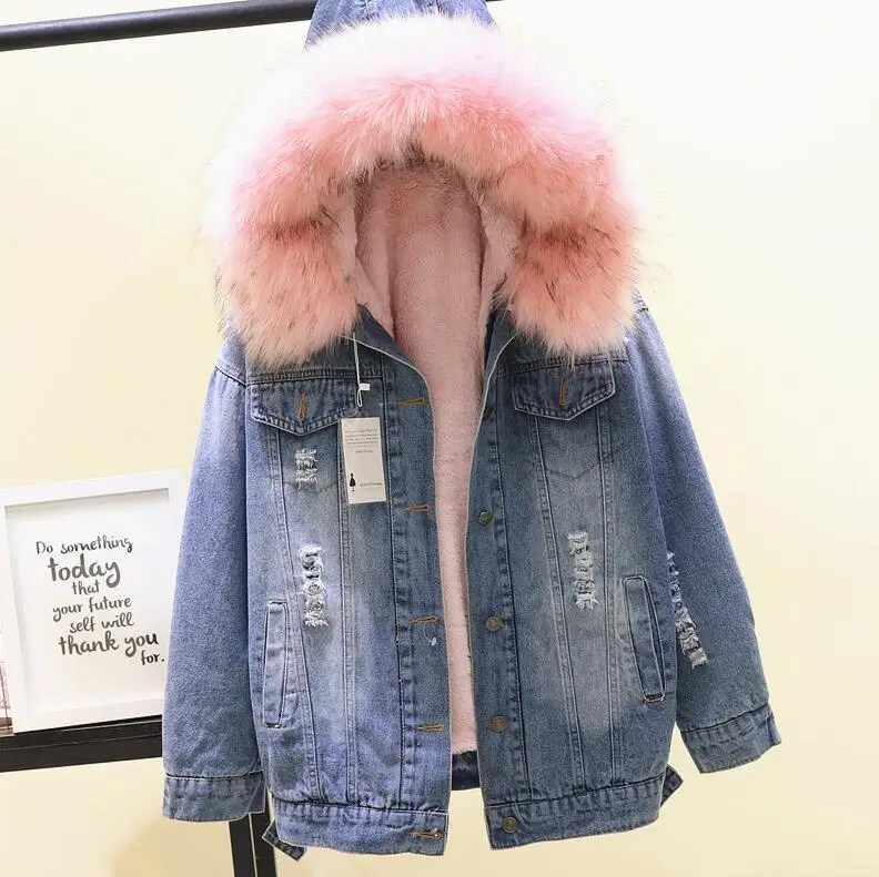 blue pink fur Зимняя Свободная Женская парка с капюшоном и большим мехом, Толстая теплая длинная джинсовая куртка из овечьего меха, зимняя куртка, женские пальто с меховые джинсы, куртка - Цвет: blue pink fur