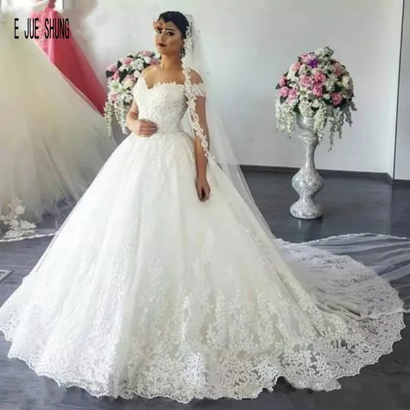 

E JUE SHUNG Gorgeous Wedding Dresses Full Sleeves Off Shoulder Lace Appliques Vestido De Noiva Ball Gown Long Bridal Gowns