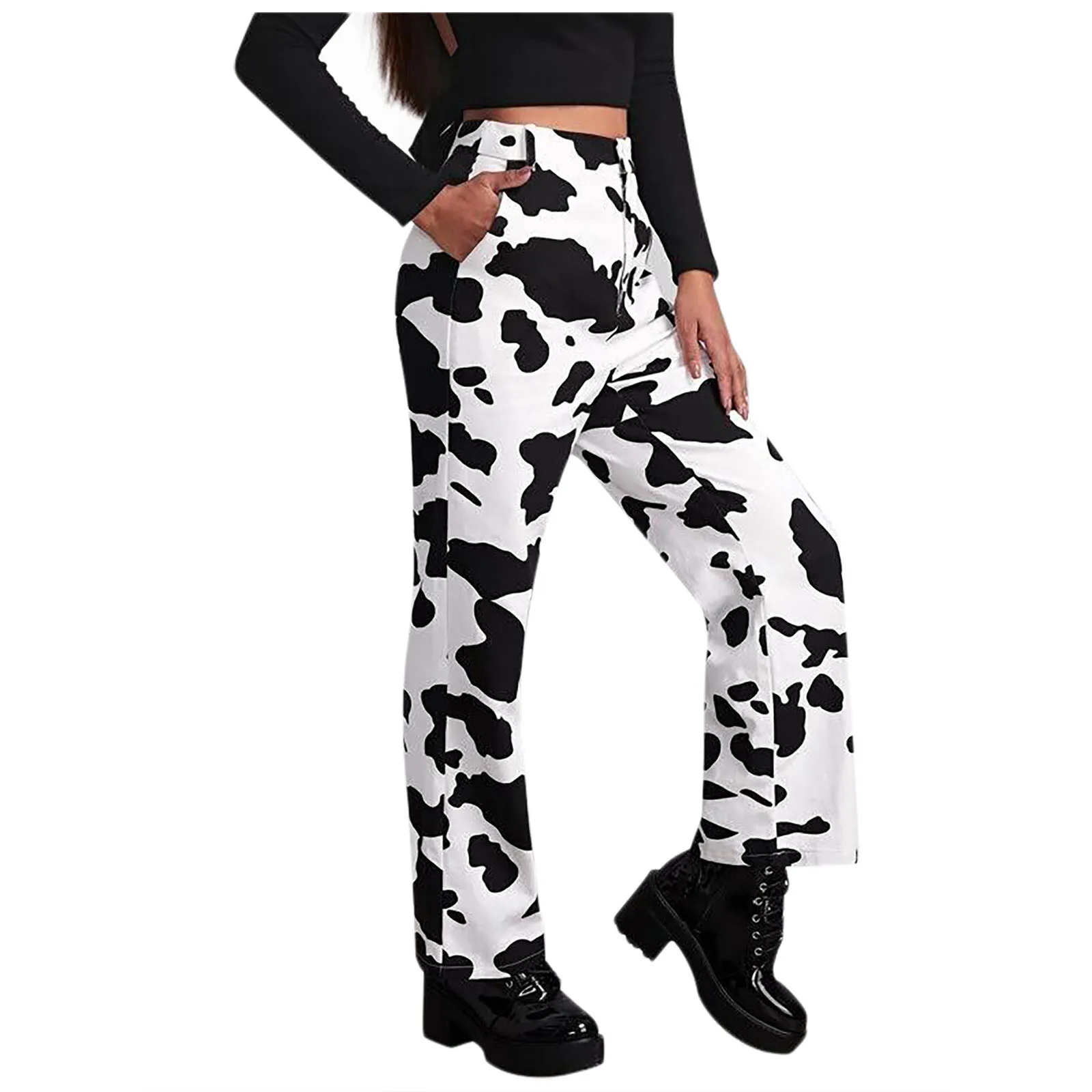 

Fashion Women High Waist Loose Pocket White Cow Print Jeans Pants Wide Leg Pants Waist Loose Wide Leg Pant Streetwear 2021
