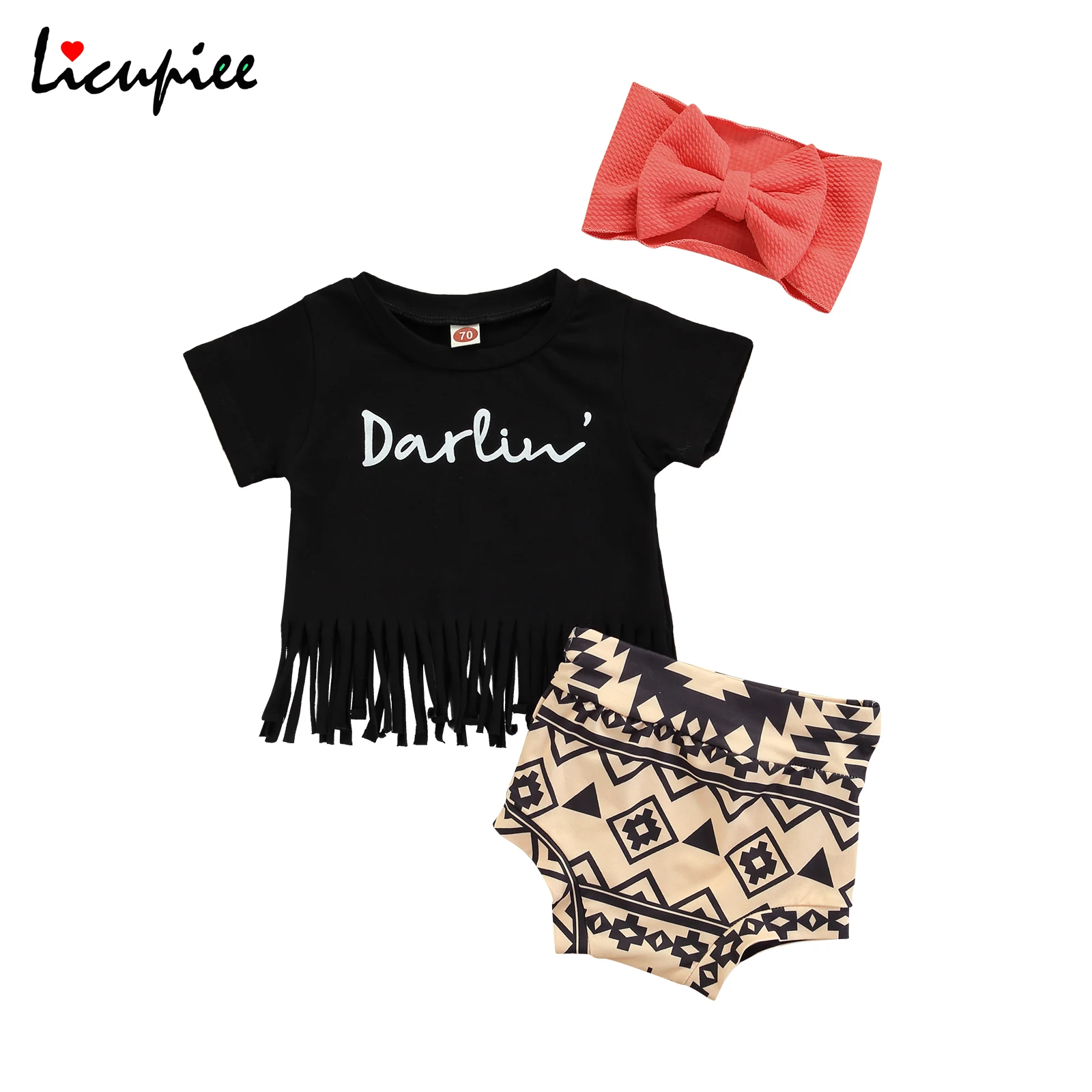 

0-24 Months Letter Baby Girl 3pcs Newborn Baby Summer Outfits, Short Sleeve Letter Print Tassel Tops + Shorts + Headband Set