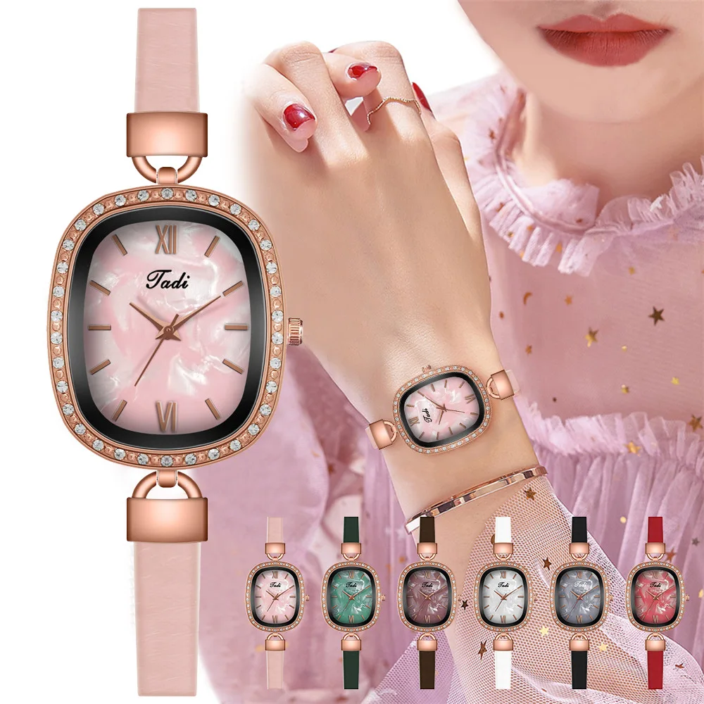 

Fashion Women's Watch Elegant Ellipse Drill Leather Strip Watches For Ladies Female Brand Luxury Marble Dial Dress Wristwatch