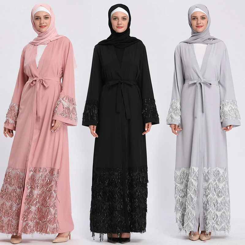 Ramadan Eid 2021 Sequins Beading Tassel Abaya Dubai Muslim Dress Middle East Islamic Clothing With Belt Robes Femme Lsm276
