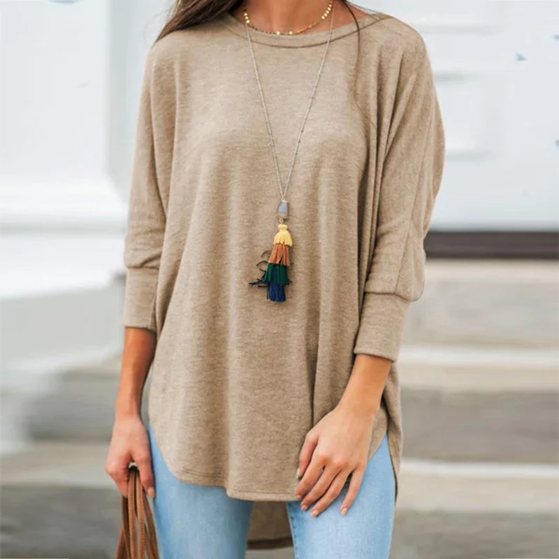 Solid Black Shirt Woman Casual Cotton O Neck Women's Tops And Blouses Three Quarter Sleeve Irregular Women Blouses Tunic Autumn - Цвет: Хаки