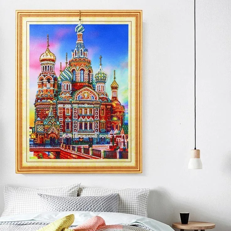 AZQSD Diamond Painting Landscape Special Shaped Church Partial Round Drill Home Decor DIY Diamond Mosaic Castle Handmade Gift