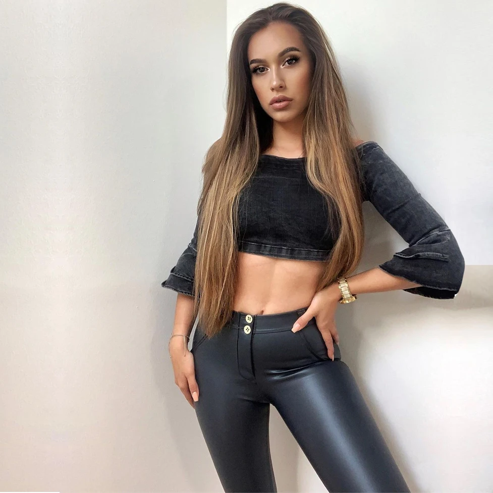 

Melody Black Leather Pants Stretch Pleather Pant Pu Look Jeans Petite Scrunch Bum Lift Female Elasticity Women's Tights