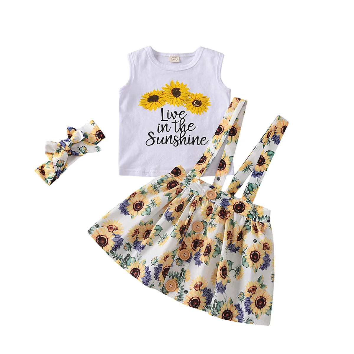 

Комплект из трех предметов для маленьких девочек, жилет с принтом подсолнухов и юбка с надписью, повязка для волос для девочек, летняя одежд...