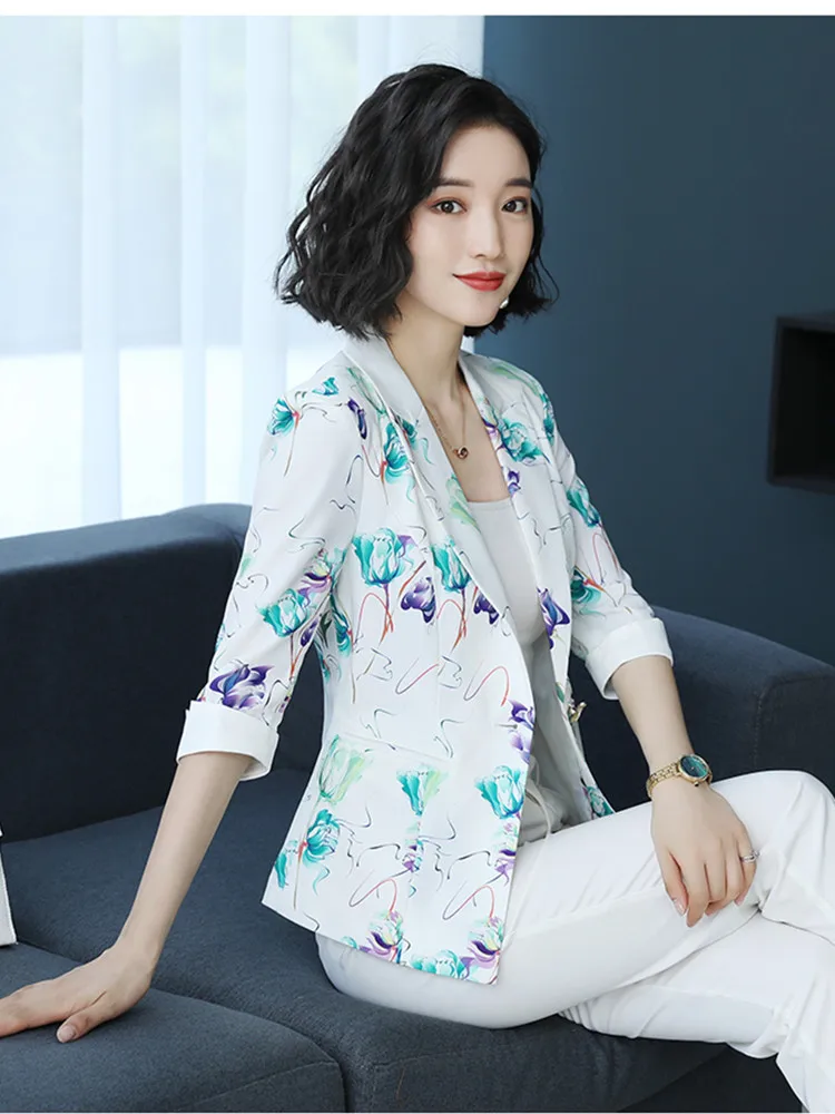 

Autumn new fashion slim cropped sleeves printed small 2019 wild short OL professional suit jacket