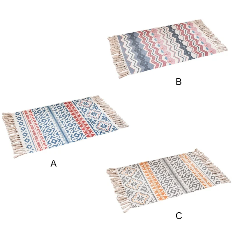 

Nordic Style Carpet With Tassel Non-slip Washable Retro Cotton Floor Mat For Bathroom