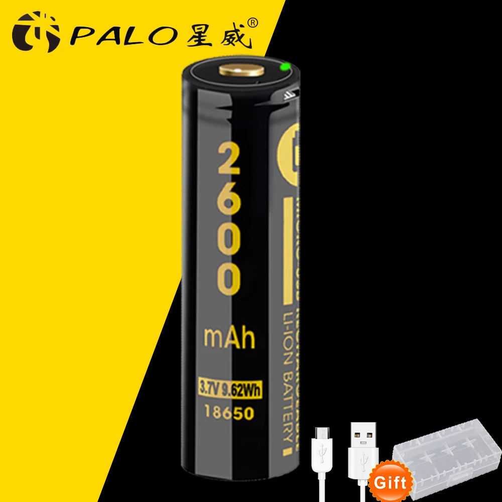 PALO MICRO USB 3,7 V 18650 2600mAh литий-ионная USB аккумуляторная батарея с светодиодный светильник-индикатор DC-Charging