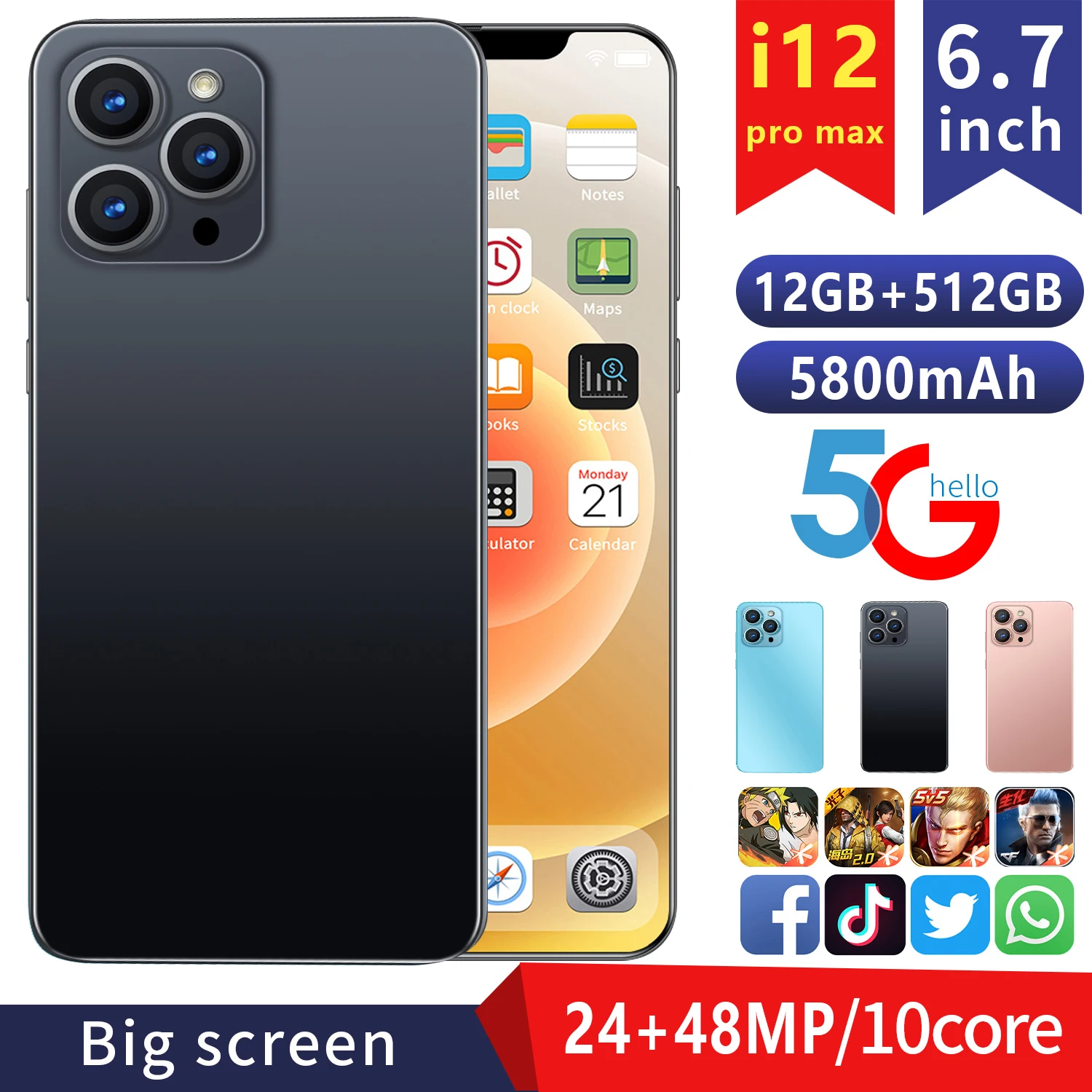 

Смартфон I12 Pro max, 12 Гб + 512 ГБ, 6,7 дюймов