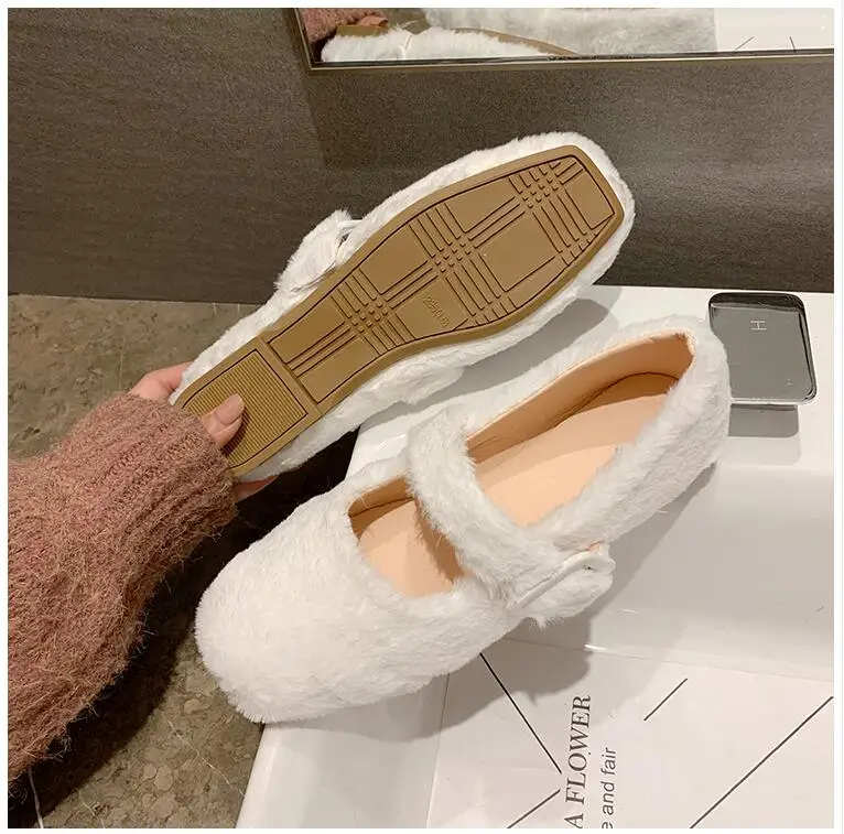 EOEODOIT Autumn Ballet Flats Shoes Casual Fur Shoes Square Toe Retro Fashion Women Lady Elegance Flat Heel Shoes