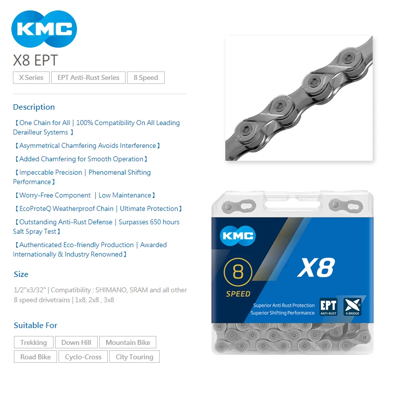 KMC X8 X9 X10 X11 EPT Chain 116 Links 9V 10V 11V 8 Speed Silver Prevent Rust Extra Light Double MTB Road Bike Bicycle Chains (art.: 7a63edc06) - 7a63edc06