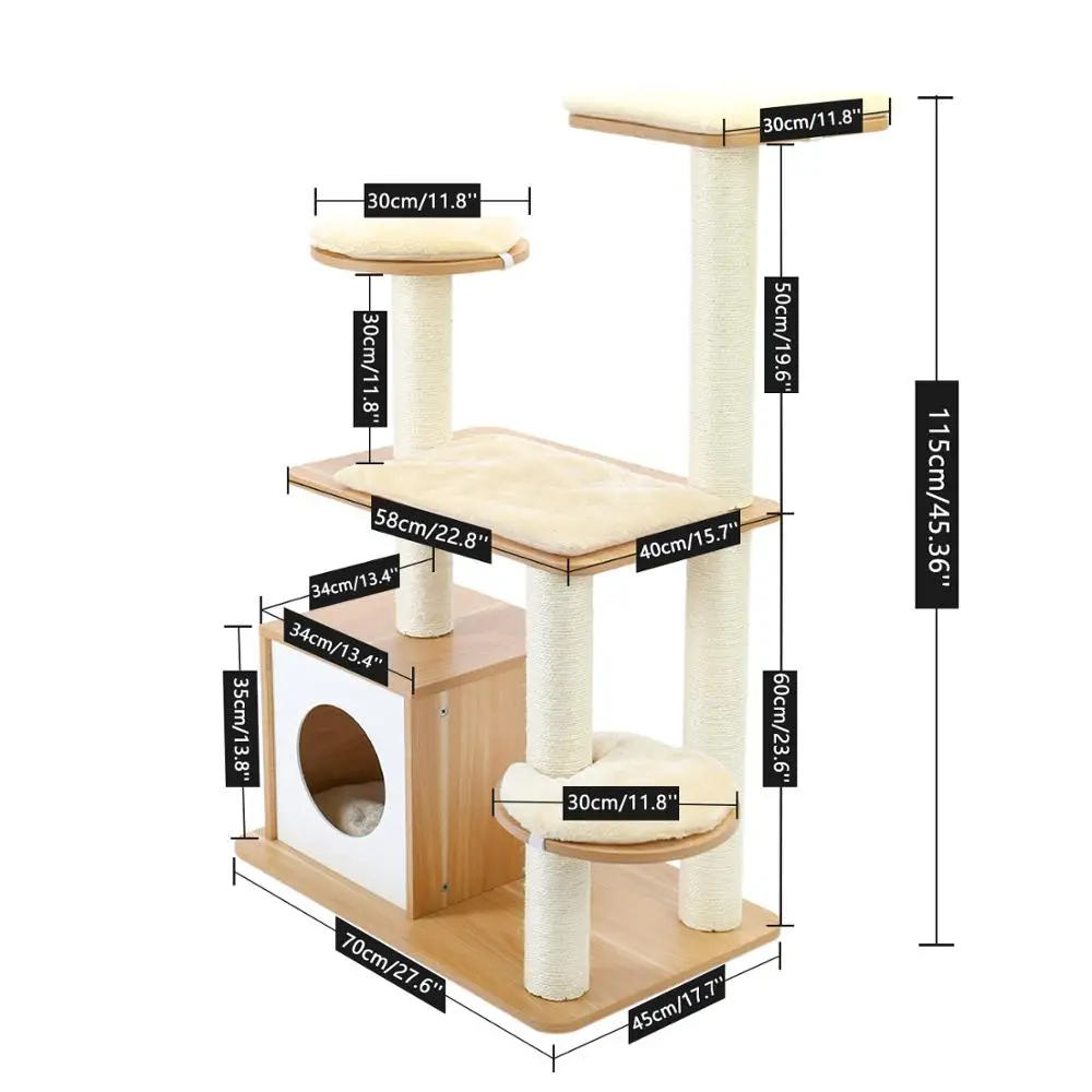 

New Multi-Level Wooden Cat Tree Modern Cat Furniture Cat Condo with House,Cat Scratching Post Indoor for Cats and Kittens