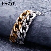 14mm width hip hop bling iced out cuban nk link chain bracelet for men rapper jewelry cz rhinestone paved curb bracelet