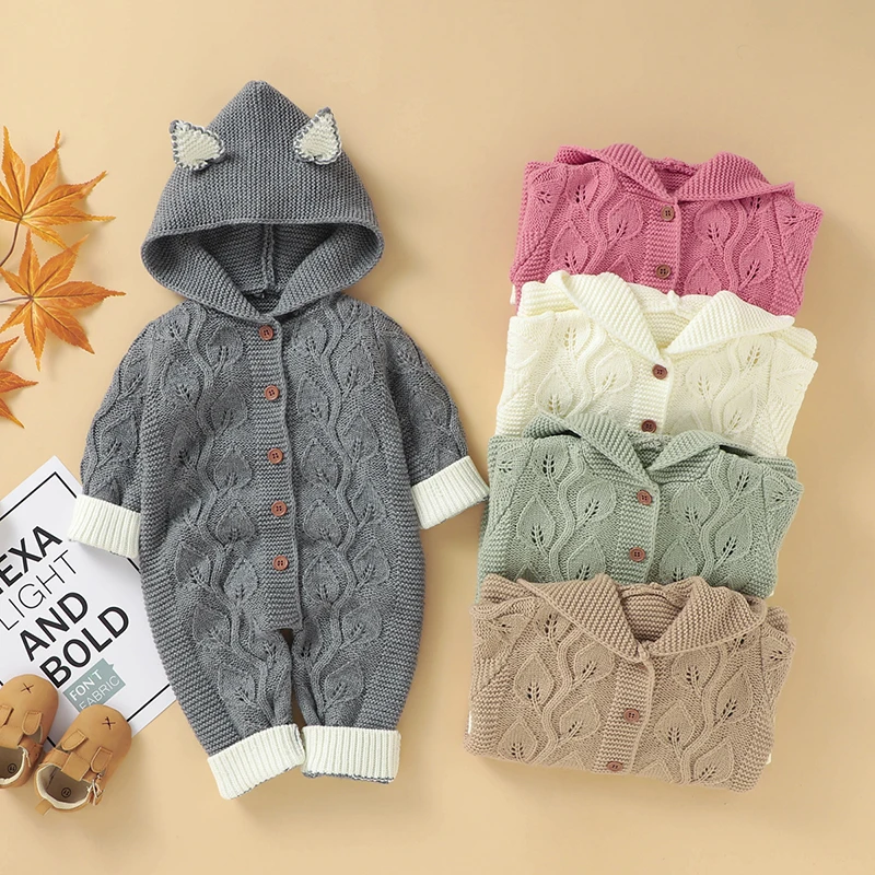 

Baby Rompers Long Sleeve Autumn Toddler Bebe Jumpsuits Cute Rabbit Hooded Newborn Kids Clothing Solid Ribbed One Piece Overall