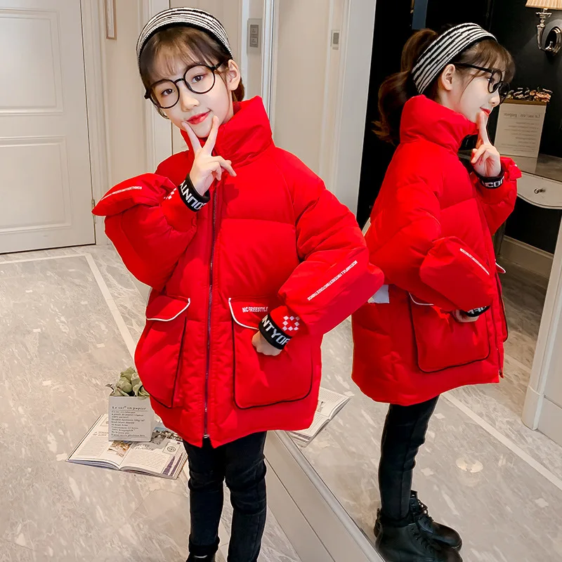 

2021 New Winter Girls Turtleneck Long Letter Jackets Thick Warm Children Red Black Coats Kids Teenager Windproof Padded