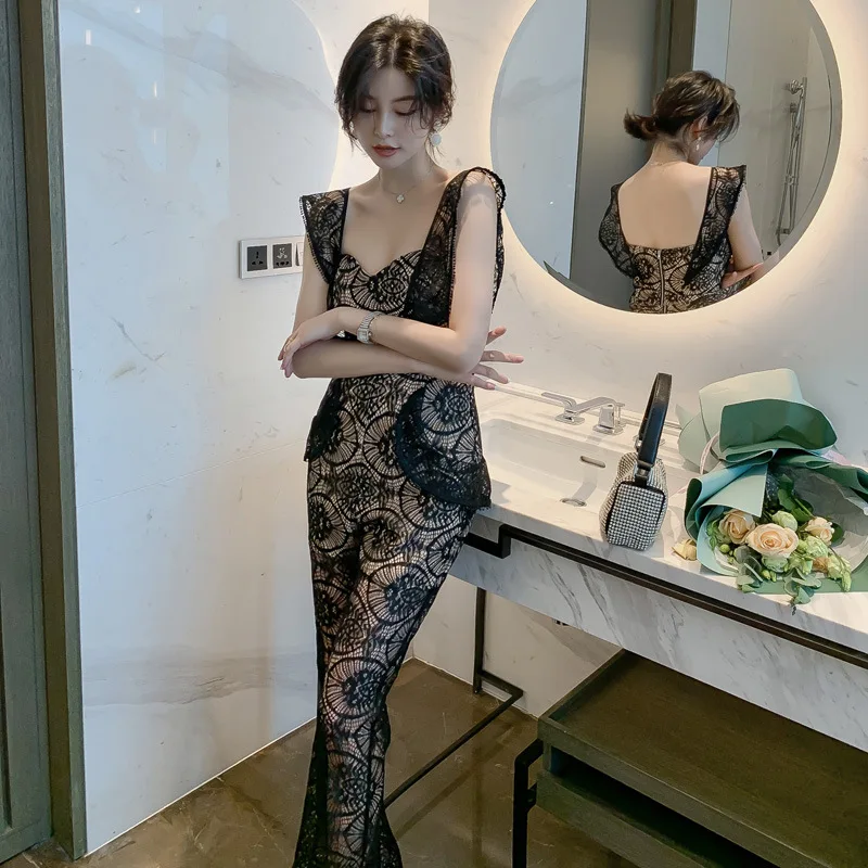 

Women Spaghetti Strap V-Cut Slinky Backless Jumpsuits Ladies Sheer Casual Black Lace One Piece Romper Eletant Jumpsuites Overall