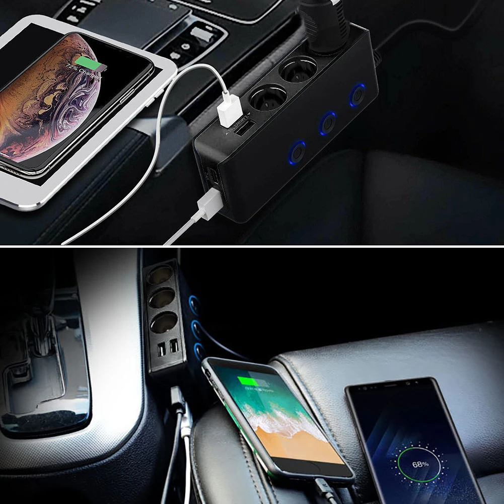 

4 USB Port Cigarette Lighter 3 Socket Car Splitter 120W Output Power Adapter 12V 24V Car Charger Phone Fast Charging
