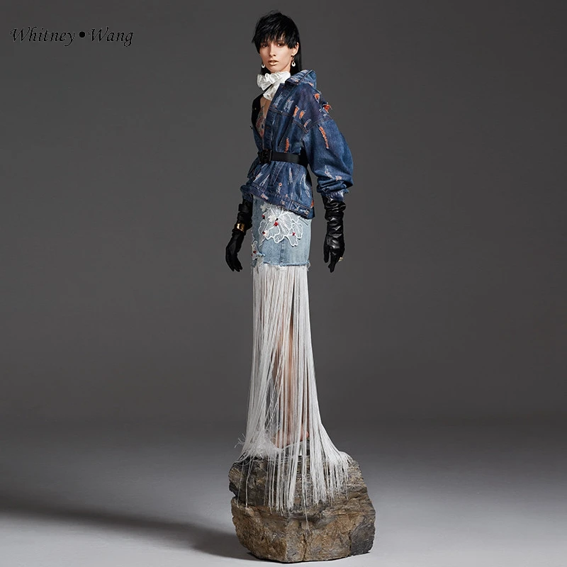 Женская длинная джинсовая юбка WHITNEY WANG модная уличная одежда с кружевной