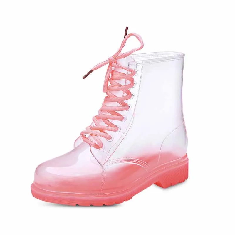 

2021 Women Rain Boots Fashion Transparent Ladies Cat Candy Color Soles Waterproof Outdoor Girl Shoes Lace Ladies