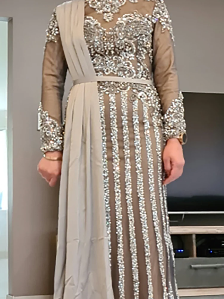 

MNGRL Elegant Evening Dress for Women 2020 Long Sleeves Dubai O Neck A-Line Luxury Crystal Handmade Tuttle Arabic Formal Party