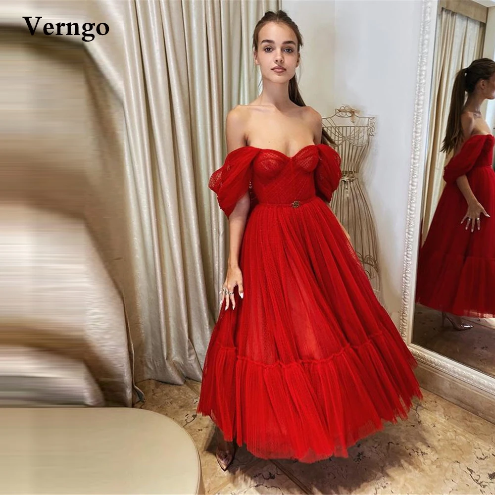 

Verngo Red A Line Dotted Tulle Evening Party Dresses Off the Shoulder Short Sleeves Prom Gowns Ankle Length Homecoming Dress