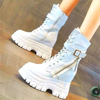 military ankle boots womens genuine cow leather round toe motorcycle boots chunky platform wedge high heels zipper punk goth