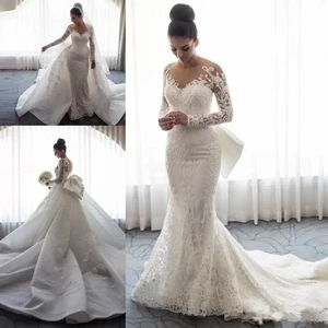 Luxury Mermaid Wedding Dresses Sheer Long Sleeves Illusion Full Lace Applique Bow Overskirts Button Back Chapel Train Bridal
