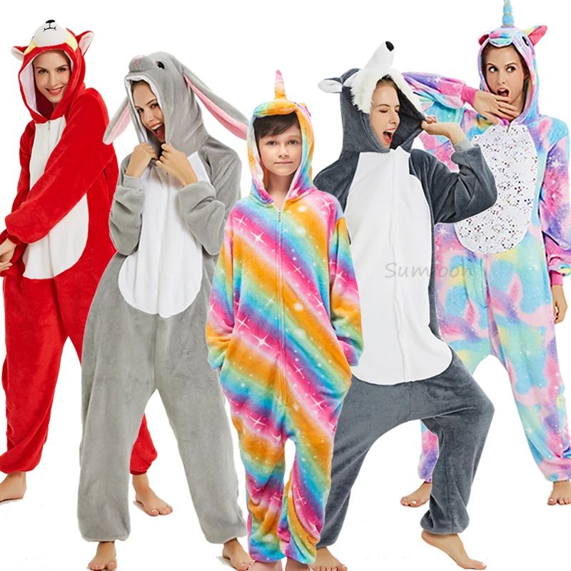 Boys Girls Pajamas Unicorn Winter Flannel Christmas Kigurumi Overalls Jumpsuit onesie Kids Adult Panda Blanket Sleepers |