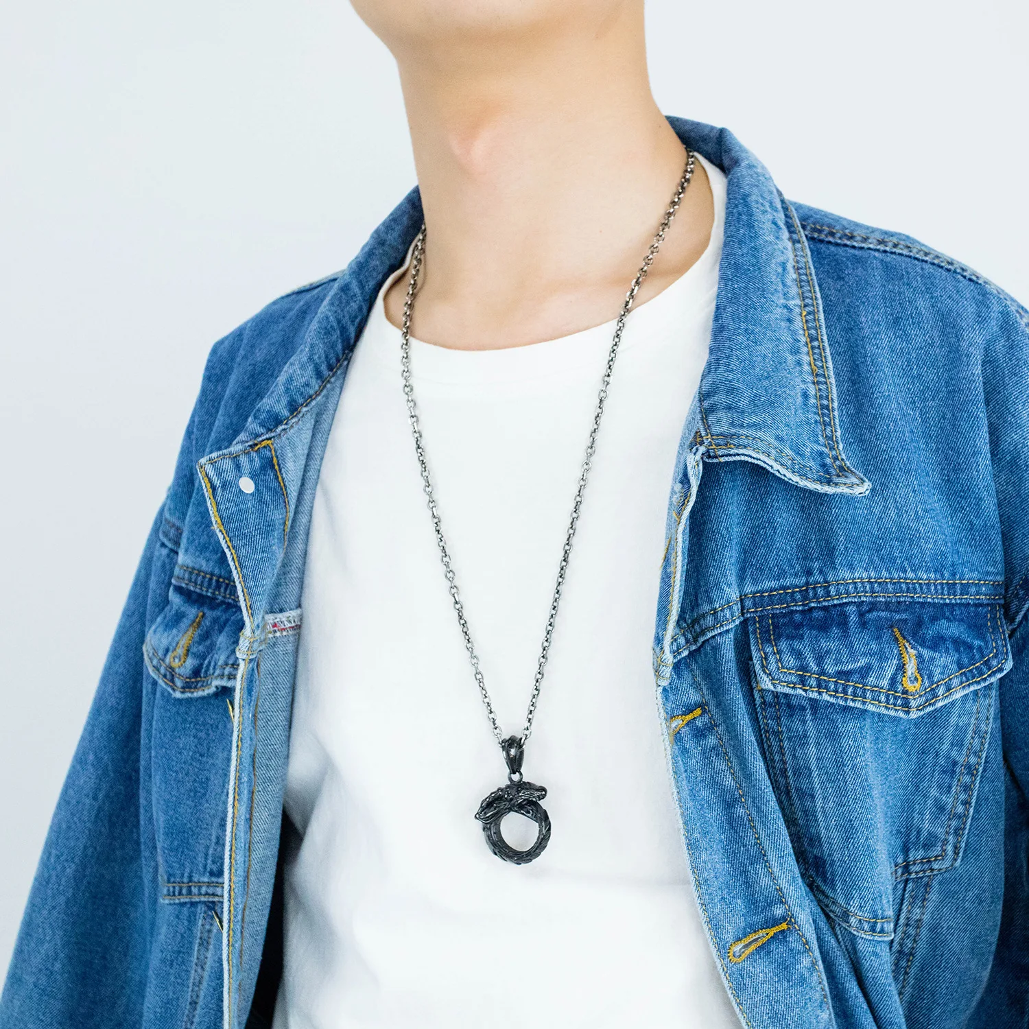 

European and American Retro Zodiac Pendant Stainless Steel Ouroboros Eternal Circle Domineering Trendy Male Hip Hop Necklace