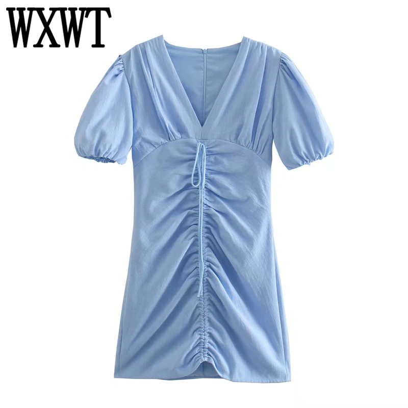 

WXWT Women Solid Slim Mini Dress Summer Short Sleeve Ladies High Street V Neck Short Dress Vestidos SDP9498