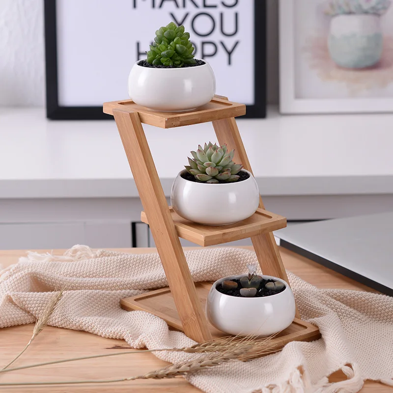 1 Set Modern Minimalist White Ceramic Flowerpot Succulent Plant Pot 3 Bonsai Planters with 3-Tier Bamboo Shelf Home Garden Decor | Дом и сад
