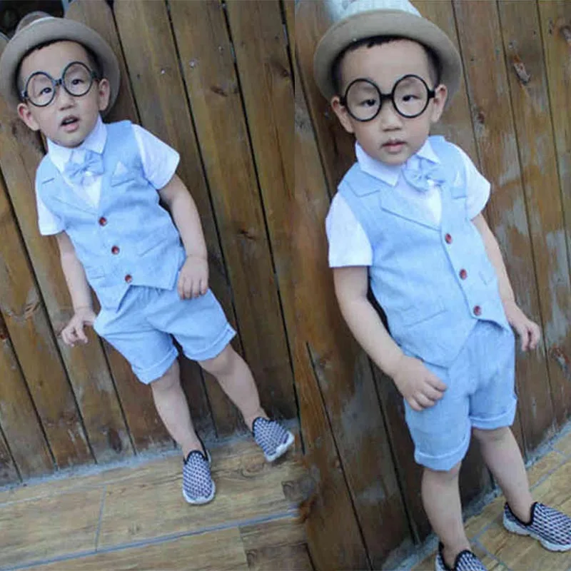 Baby Boys Clothing Sets New Summer Children Formal Wear Short Shirt + Plaid Waist Coat + Shorts+Bow Kids 4PC Suits Baby Clothes