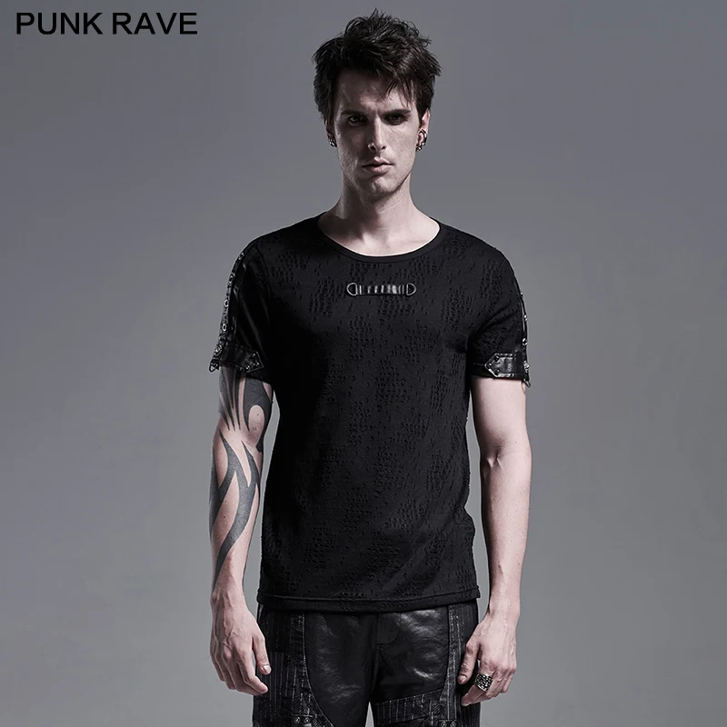 

PUNK RAVE Men's Punk Daily Wear Short Sleeve T-shirt Hole Broken Casual Slim Summer Simple Tees Tops Hardware Decoration